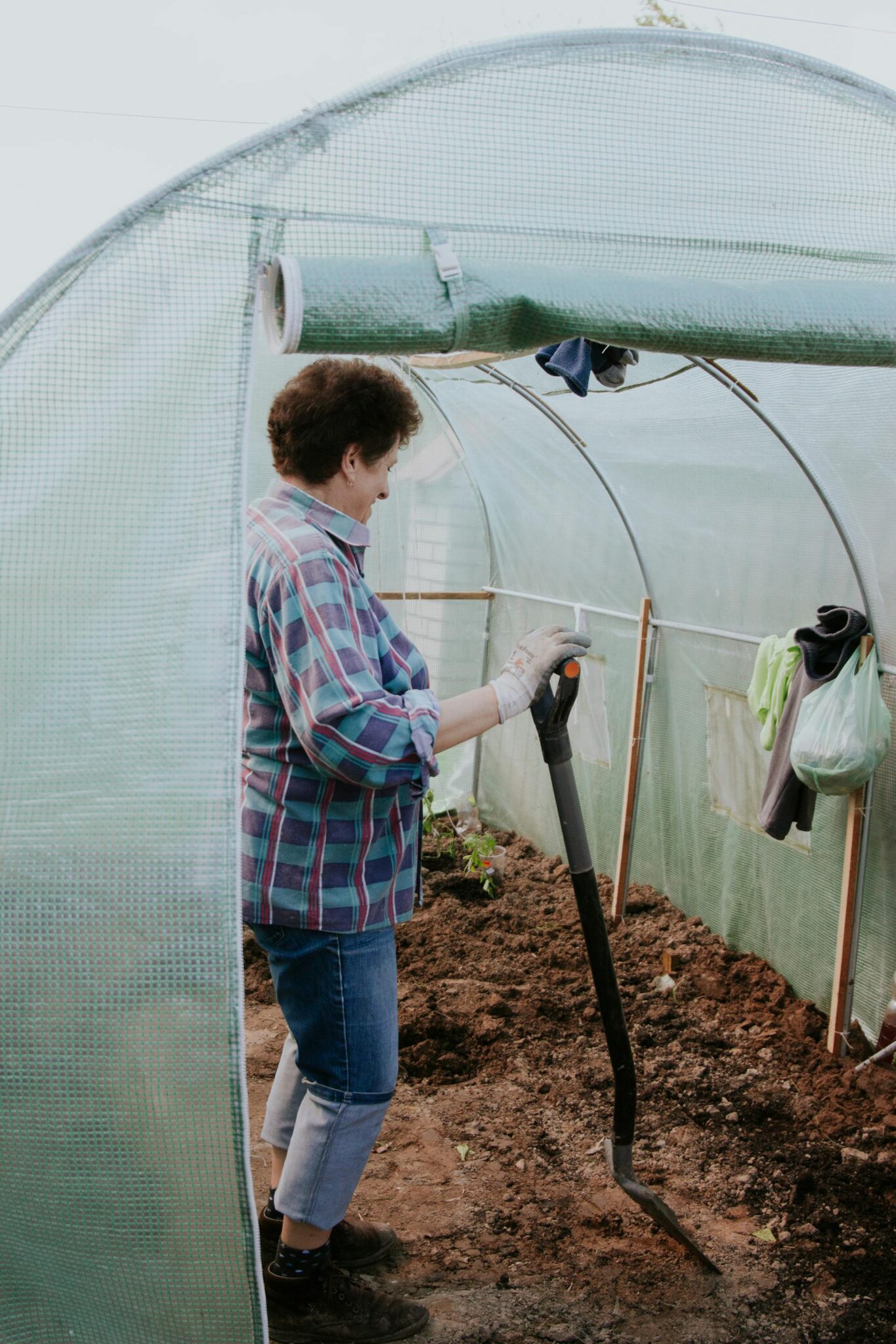 Modernus polikarbonatinis šiltnamis ir estetiškos pakeliamos lysvės jaukiame namų sode.
