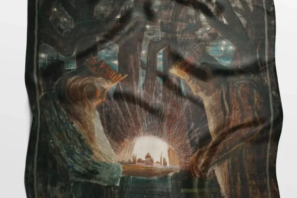 Natūralaus šilko skarelė su Mikalojaus Konstantino Čiurlionio paveikslo „Karalių pasaka“ motyvais.