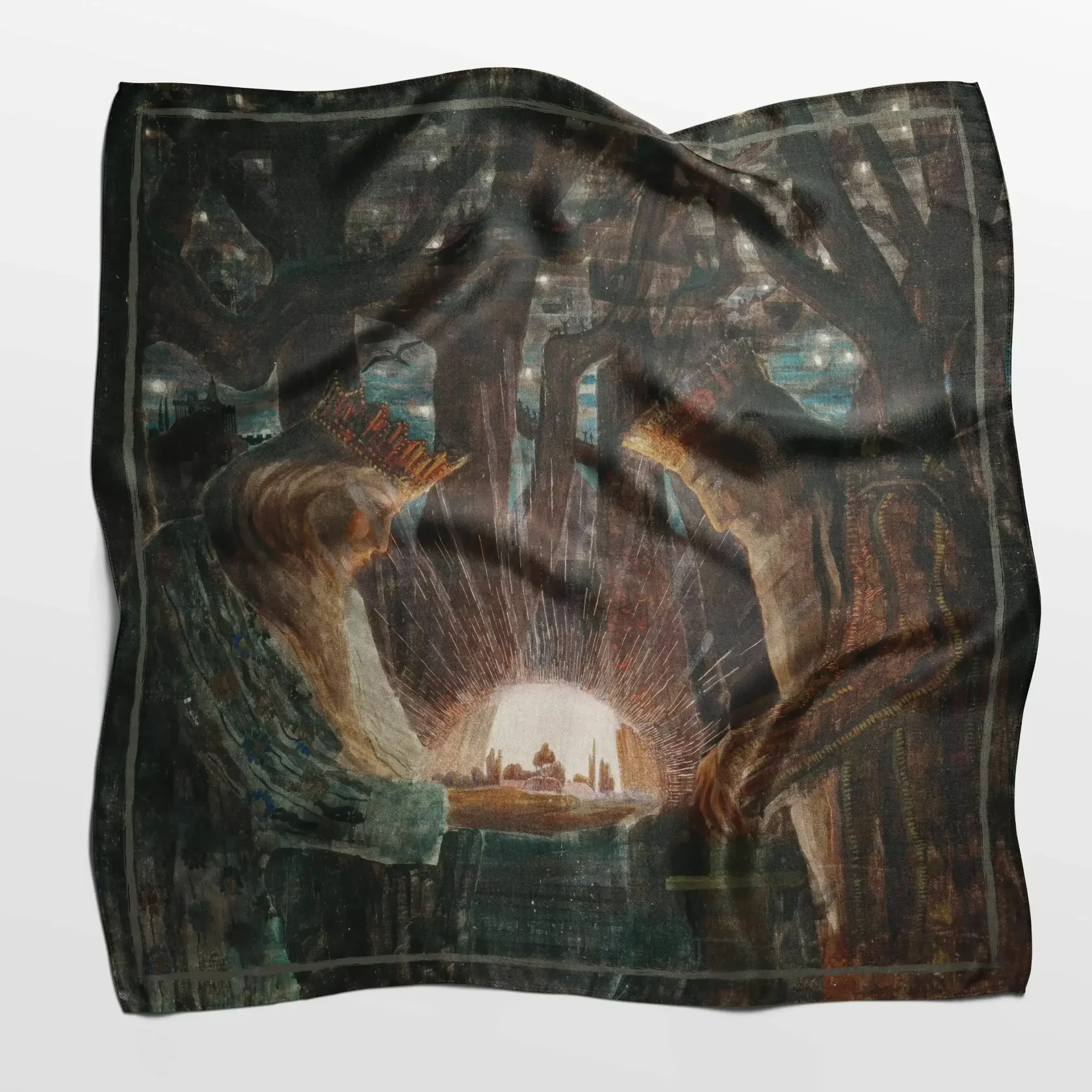 Natūralaus šilko skarelė su Mikalojaus Konstantino Čiurlionio paveikslo „Karalių pasaka“ motyvais.